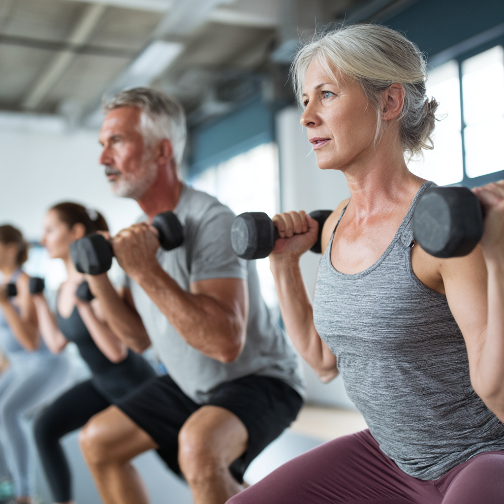 Middle-aged adults participating in balanced fitness training session